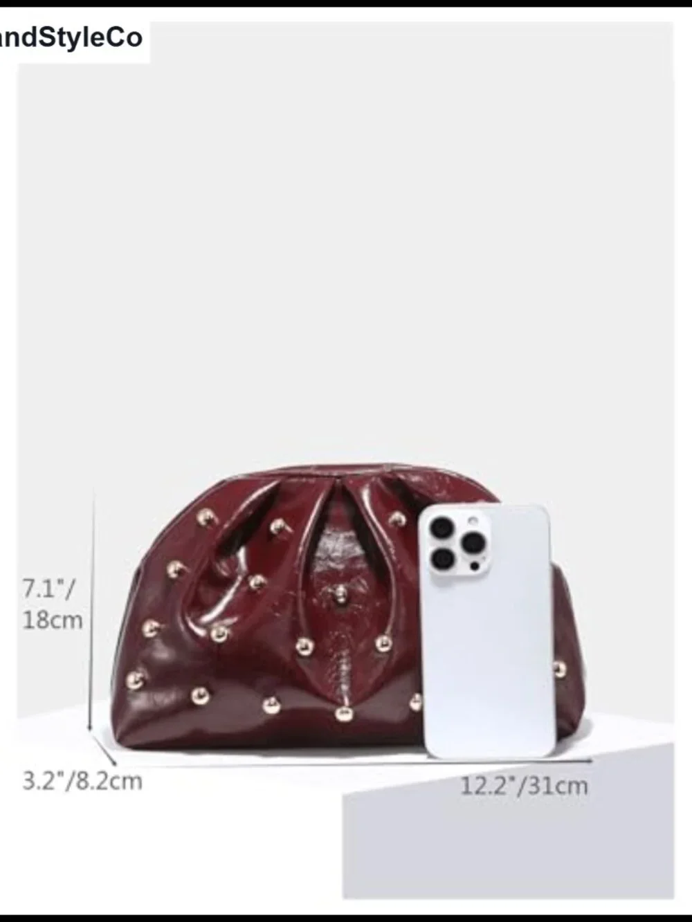 Women's Studded PU Leather Ruched Clutch Handbag Magnet Closure